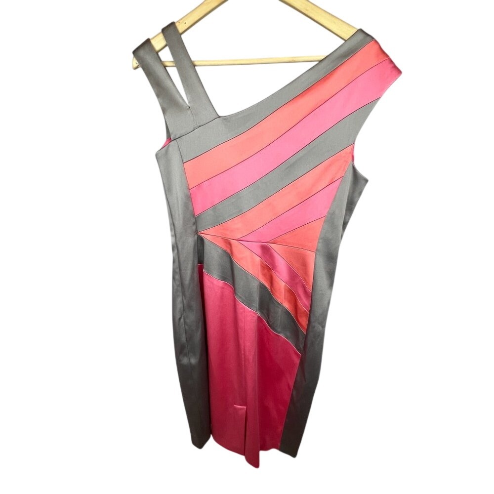 JAX Satan Sheath Dress Color Block Strips Split Shoulder SZ 12‎ Gray Pink Orange - Picture 5 of 8